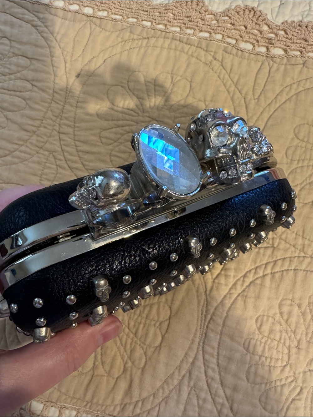 Skull Studded Knuckle Clutch Purse with Crystal Rhinestone Accents Black